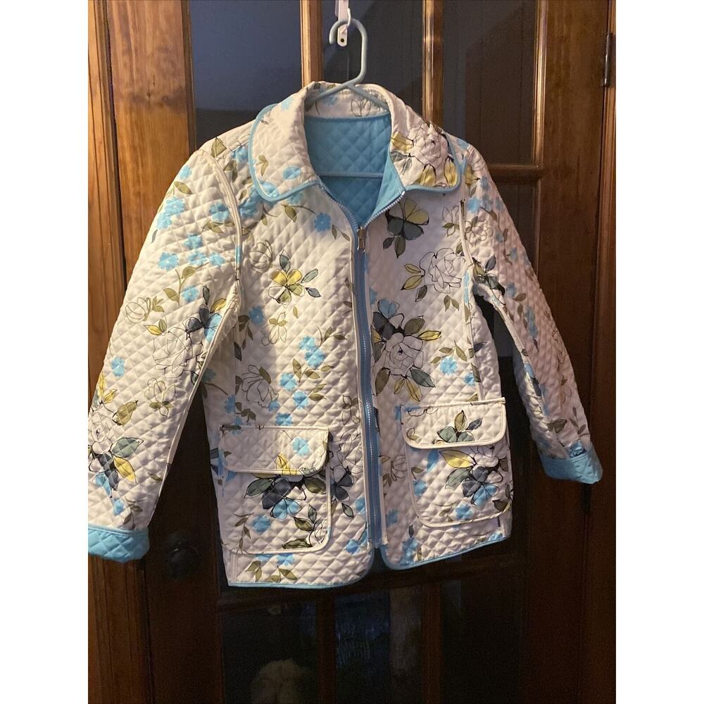 ESPRIT Diamond Quilted Reversible Jacket Teal Blue Floral Print Pockets Retro M